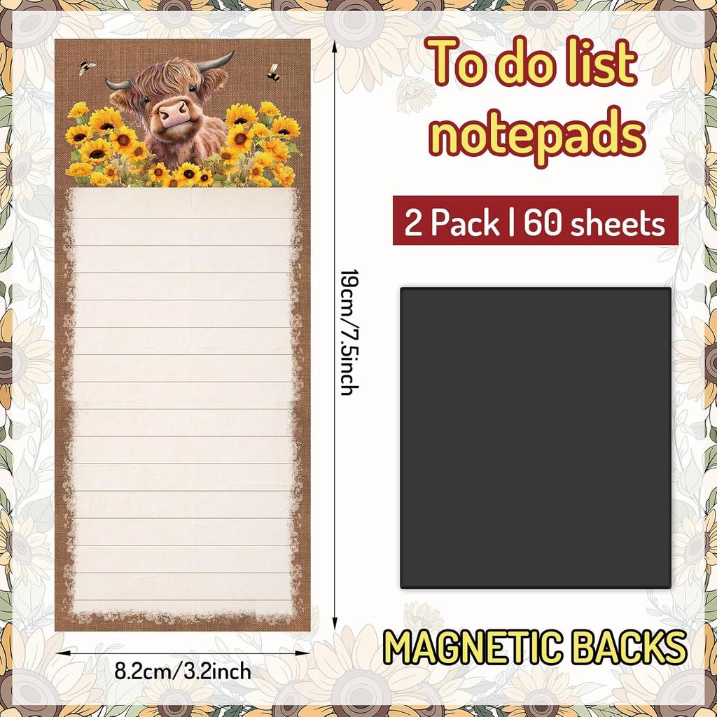 2Pcs Highland Cow Magnetic Notepads Rustic Cow Sunflower Bee List To-Do Paper Pad Brown Grocery Shopping List Memo Pad For Home Kitchen Fridge Decor