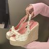 Aneikeh Summer Thick Soled Grass Woven High Heels Casual Retro Roman Sandals Polka Butterfly-kont Wedge Platform Woman Sandals