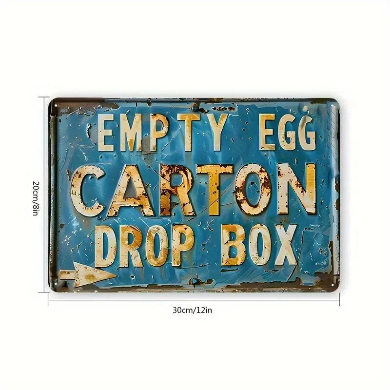 VintageEggChicken™ Charming Vintage Tin Sign with Empty Egg Carton Drop Box Quote, Retro Chicken Design, Rustic Farm Decor