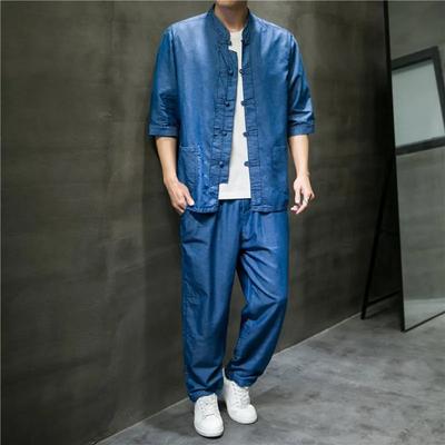 Completo Estivo da Uomo in Denim Lavato con Collo alla Coreana, Stile Cinese, Fibbia a Disco, Camicia in Denim a Maniche Medie Sottile, Top, Pantaloni