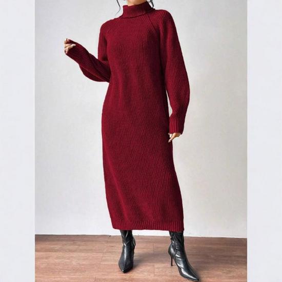 

Европейско-американское платье из шерстяного трикотажа с высоким воротником - Осенне-зимнее свободное платье для женщин темно-красного