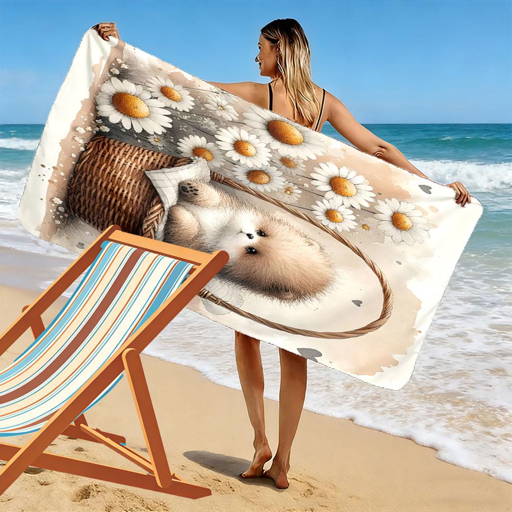 Fluffy charm amidst daisies Print beach towel, quick drying, suitable for travel, outdoor sports, jogging, the beach and swimming, gift
