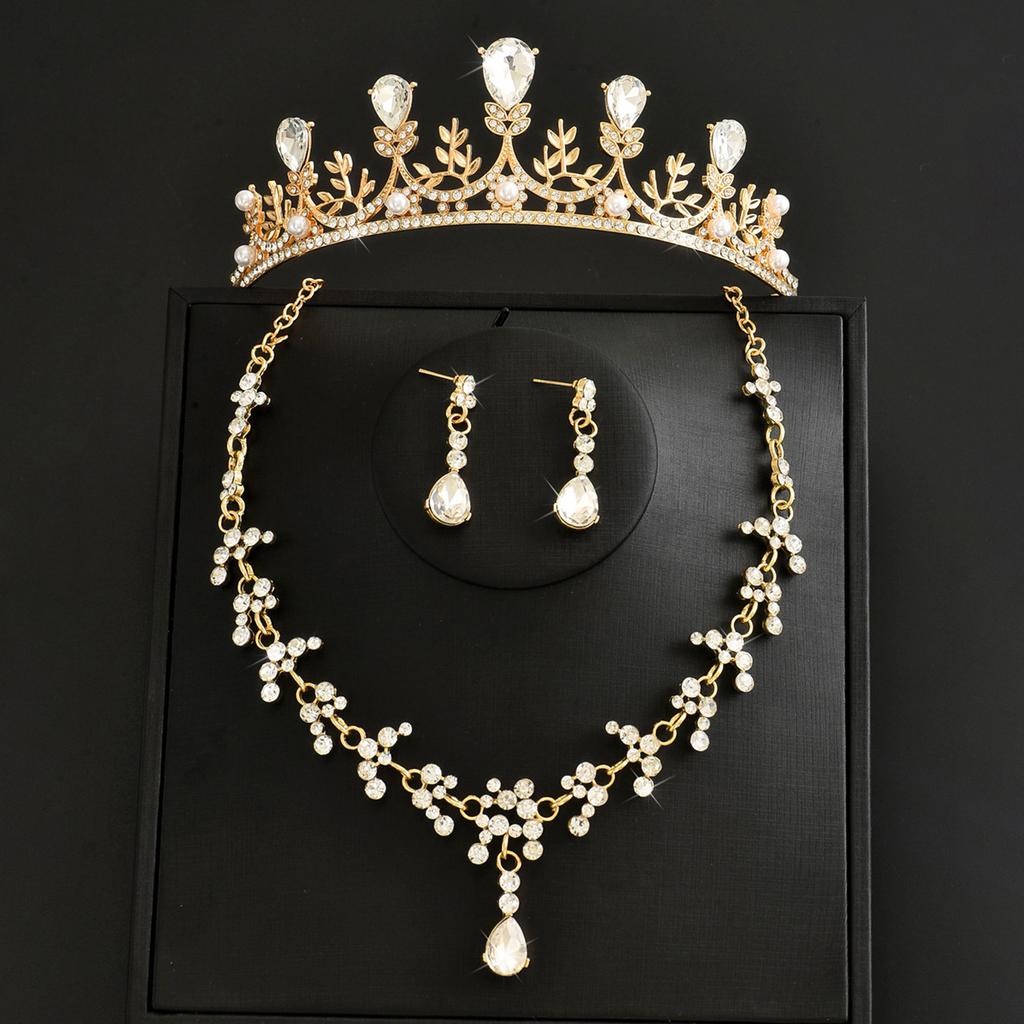 Wedding Bride Headgear Crown White Wedding Dress Birthday Hair Accessories Korean Luxury Atmospheric Necklace Earrings Three-Piece Set Women