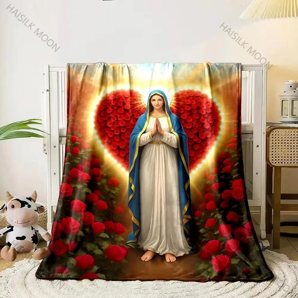 3D Panna Maria Modlící se Křesťanský Bůh Flanelová Umělecká Deka Přehoz na Pohovku Postel Kancelář Čtyři Roční Období Měkká Nadýchaná Prošívaná Deka Flanelový Přehoz