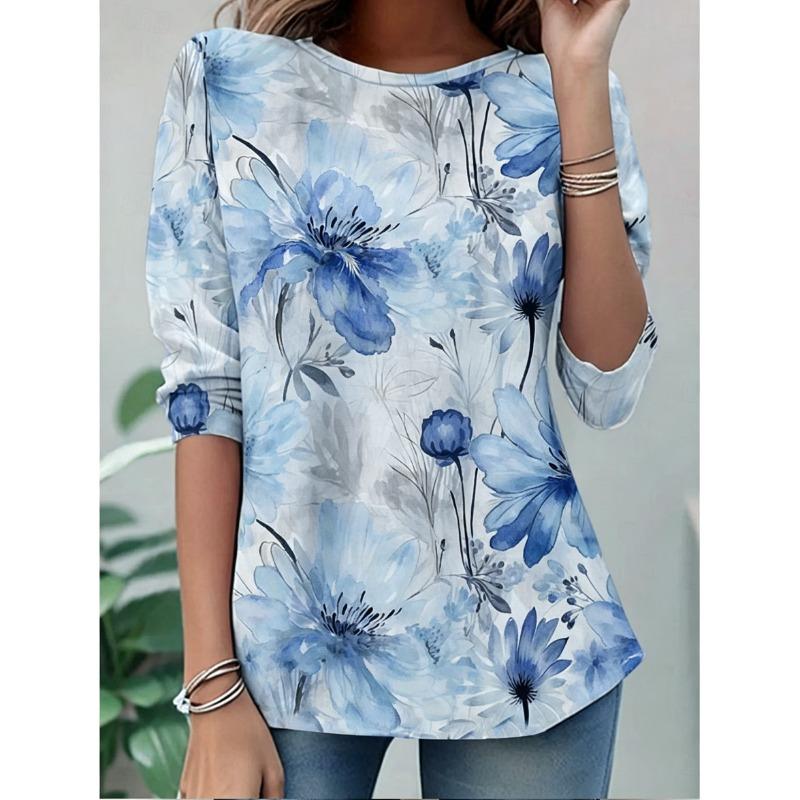 Women's Long Sleeve Crew Neck Watercolor Floral Print Casual T-Shirt, Regular Tops for Spring Summer Daily Weekend Wear