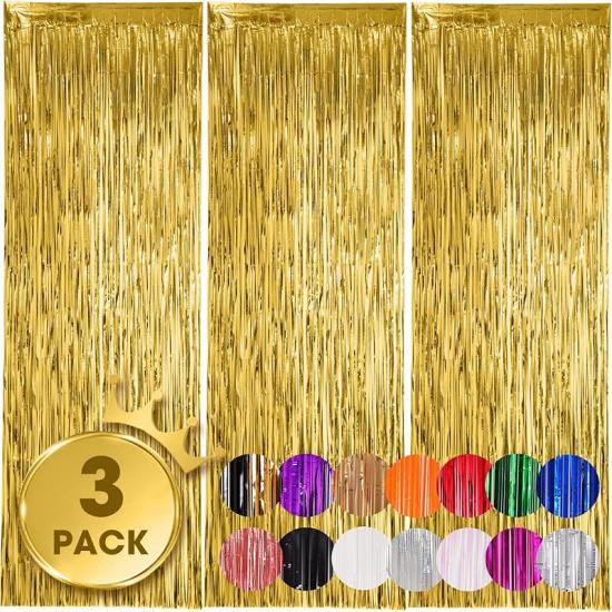 3 Pack 3.3x8.2 Feet Gold Foil Fringe Backdrop Curtains, Tinsel Streamers, Fringe Backdrop for 2025 New Years Eve, Graduation, Birthday, Baby Shower,