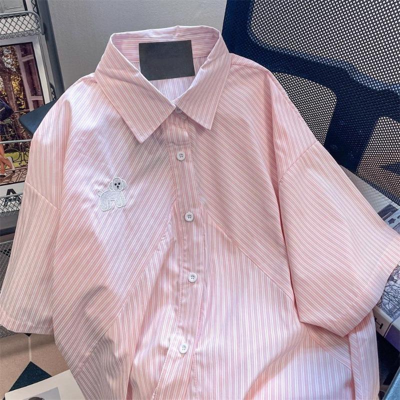 Dog Embroidered Striped Shirt for Female Pink Summer Short Sleeved Lapel Tops Japanese Chic Loose Single Breasted Shirts