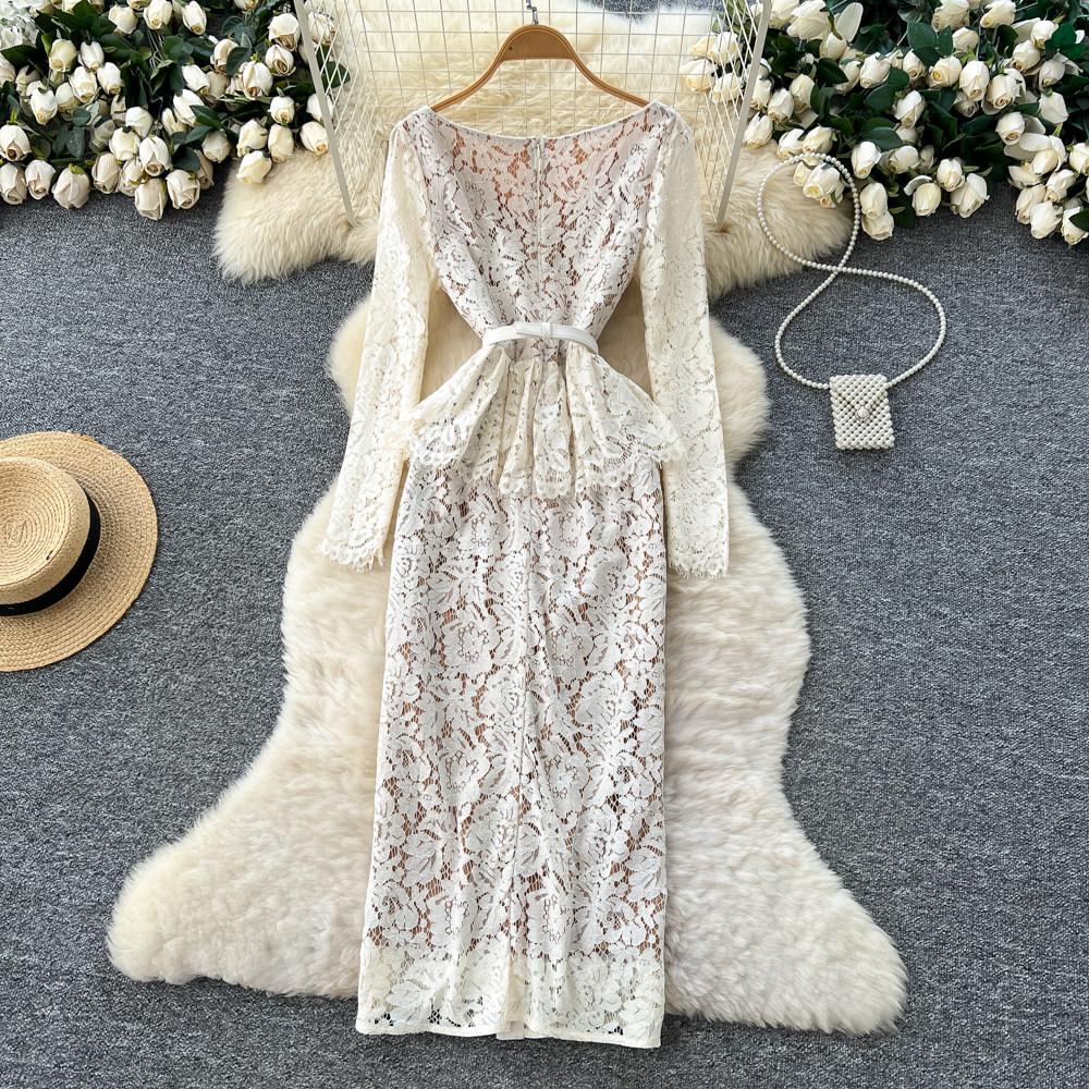 High-end Celebrity Dress Women's Autumn Fashion Lapel Single-breasted Strap Waist Hip-wrapped Lace Long Skirt