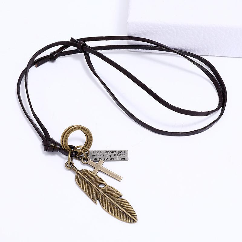 Vintage Feather Pendant Necklaces for Women Men Friendship Adjustable Long Leather Rope Chain Necklace Jewelry
