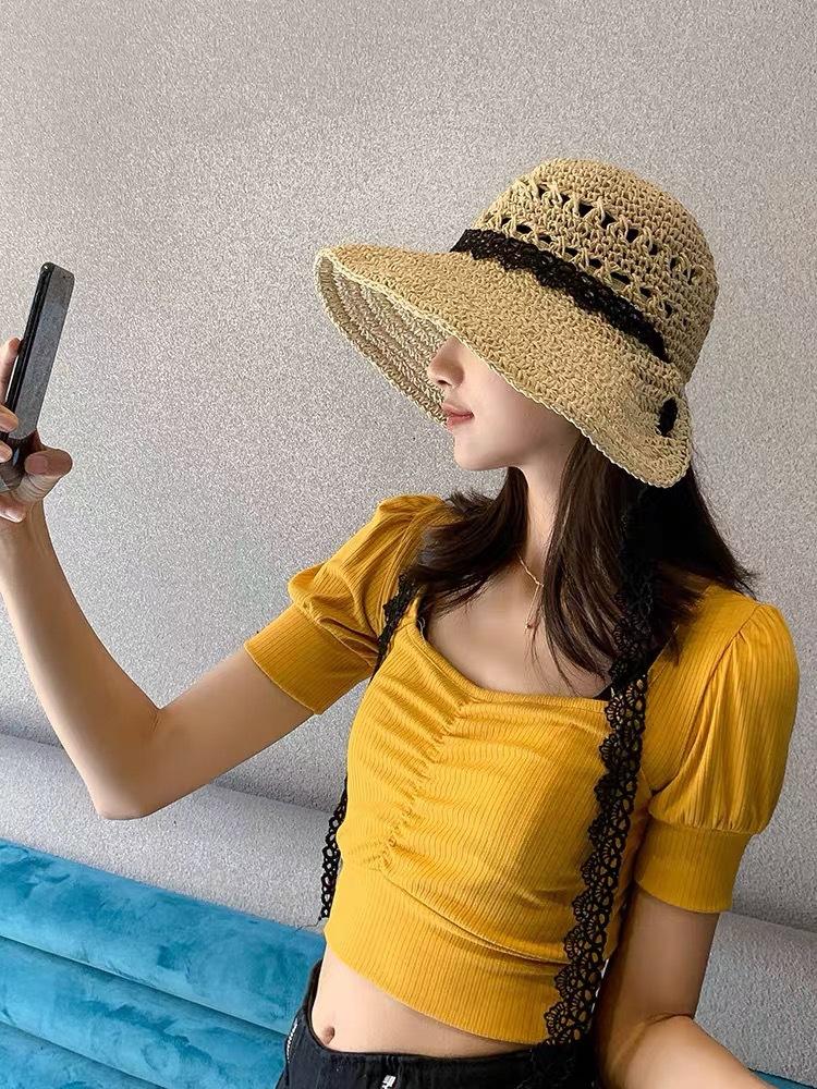 

Lace straw hat children summer small fresh travel sunscreen sunshade bucket hat tide lace-up face hat Adult (56-58cm) хакі