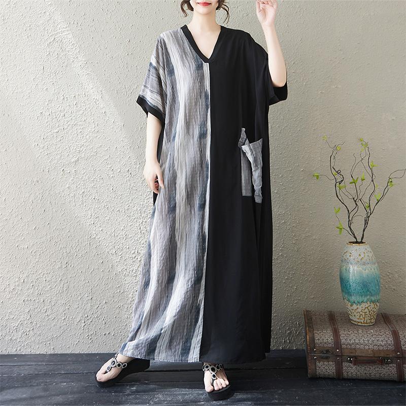 DIMANAF 2025 Summer Women Plus Size Dress Basic Casual Dress Loose Vintage Printing Long Beach Short Sleeve Dress