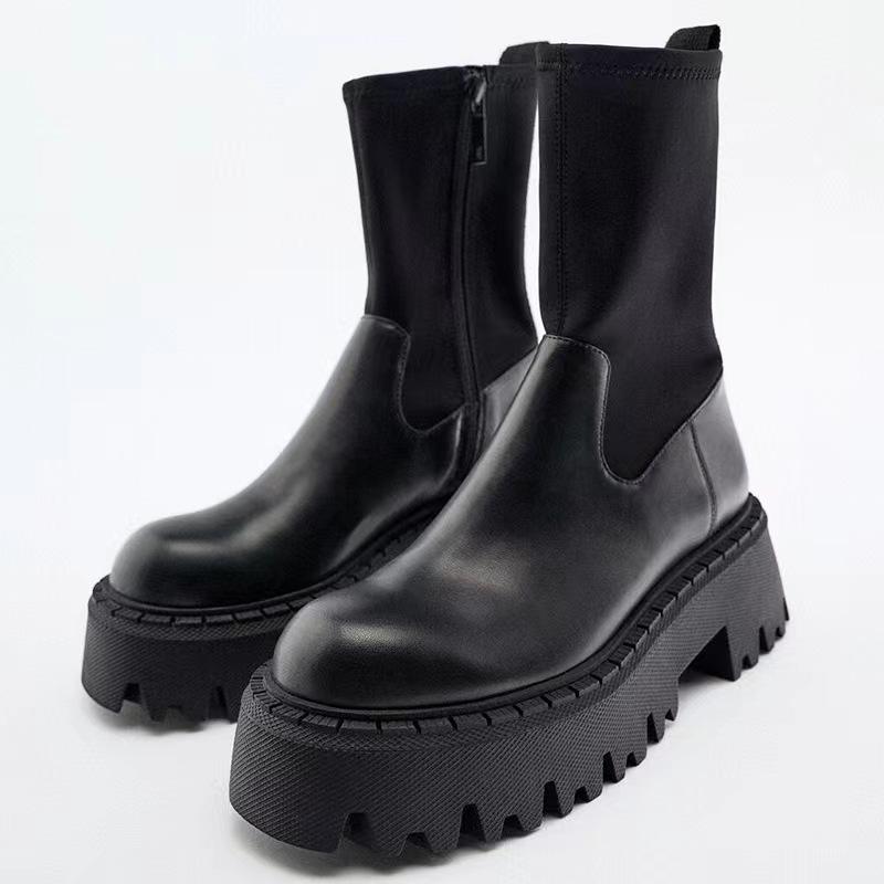 Black Chunky Platform Ankle Boots Elastic Sock Design Round Toe Side Zipper Thick Lug Sole Women'S Edgy Goth Style Footwear