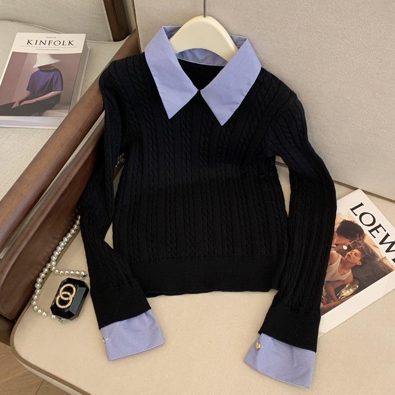 Polo knitted sweater women's spring bottoming shirt fake two-piece shirt stacked inside top tide