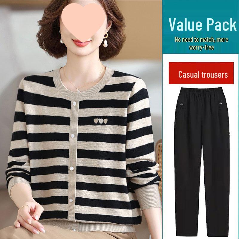 Mom's 2025 Autumn Striped Long-Sleeve Knit Sweater for Middle-Aged & Elderly Women