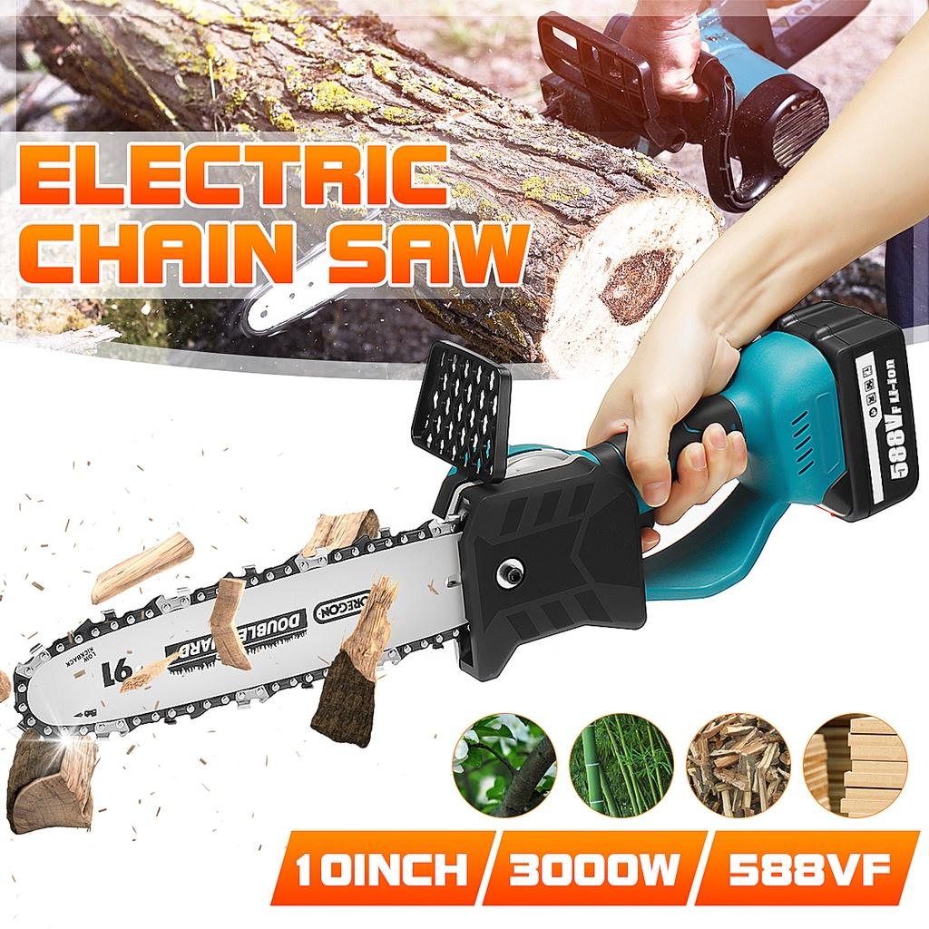 3000W Electric Chainsaw Bracket Cordless Chain Saw 10inch Wood Cutter Cutting Machine Woodworking Tools With 588VF Battery