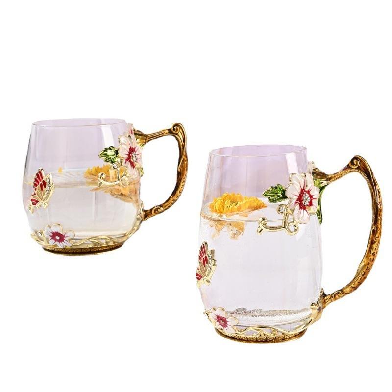 Household Enamel Colored Flower Glass Water Cup Round Coffee Cup Breakfast Milk Juice Cup