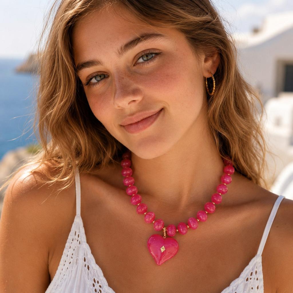Vnox Women Resin Heart Pendant Beaded Necklace, Adjustable Gold Chain Candy Color Choker Boho Holiday Summer Beach Jewelry Gift