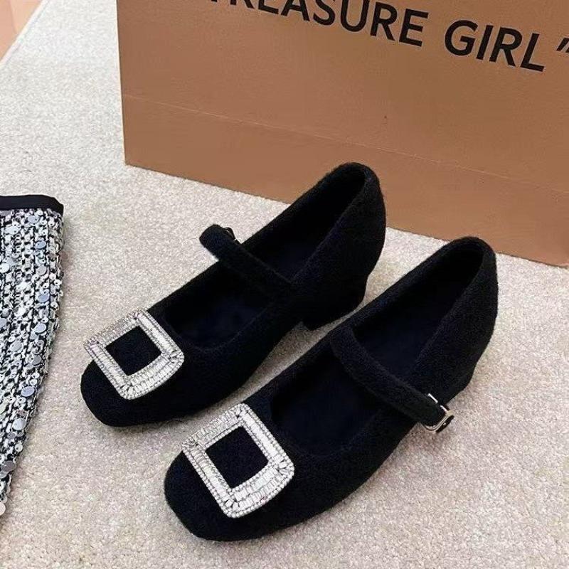 Square Toe Crystal Shallow Mouth Loafers Fur Shoes Woman Flats Rhinestone Dress Mary Janes Shoes Woman Flats Square Toe Shallow