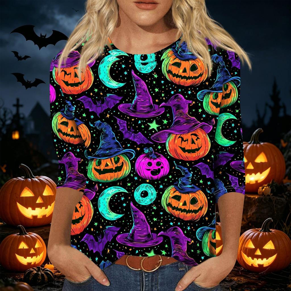Womens Casual Halloween Print Pullover Shirt Three Quarter Sleeve Round Neck Top Lightweight Comfortable Fabric