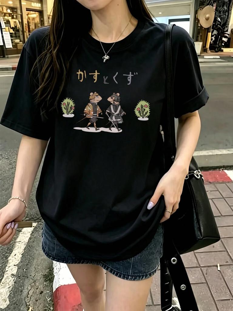 Unisexs Round Neck Short Sleeve Tee New Summer Arrival Cartoon Cat Dog Print Loose Versatile Casual Tops