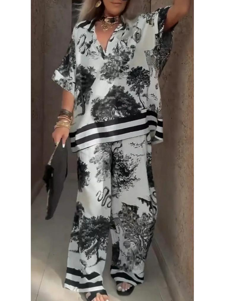 2025 Euro-American Casual V-neck Short-Sleeve Top & Wide-Leg Pants Set for Women