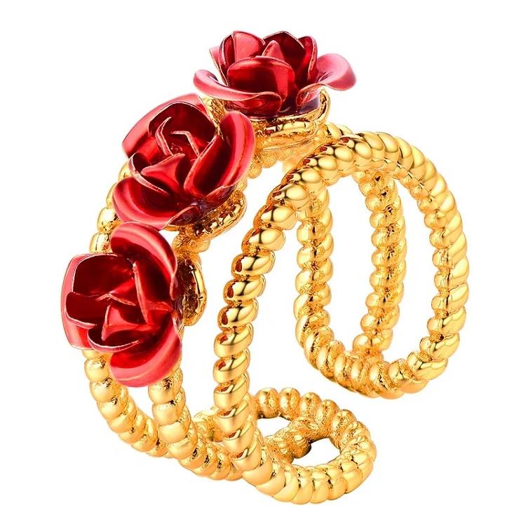 3D Red Rose Flower Ring for Women Wedding Engagement Party Gifts Open Ring Elegant Jewelry QC24
