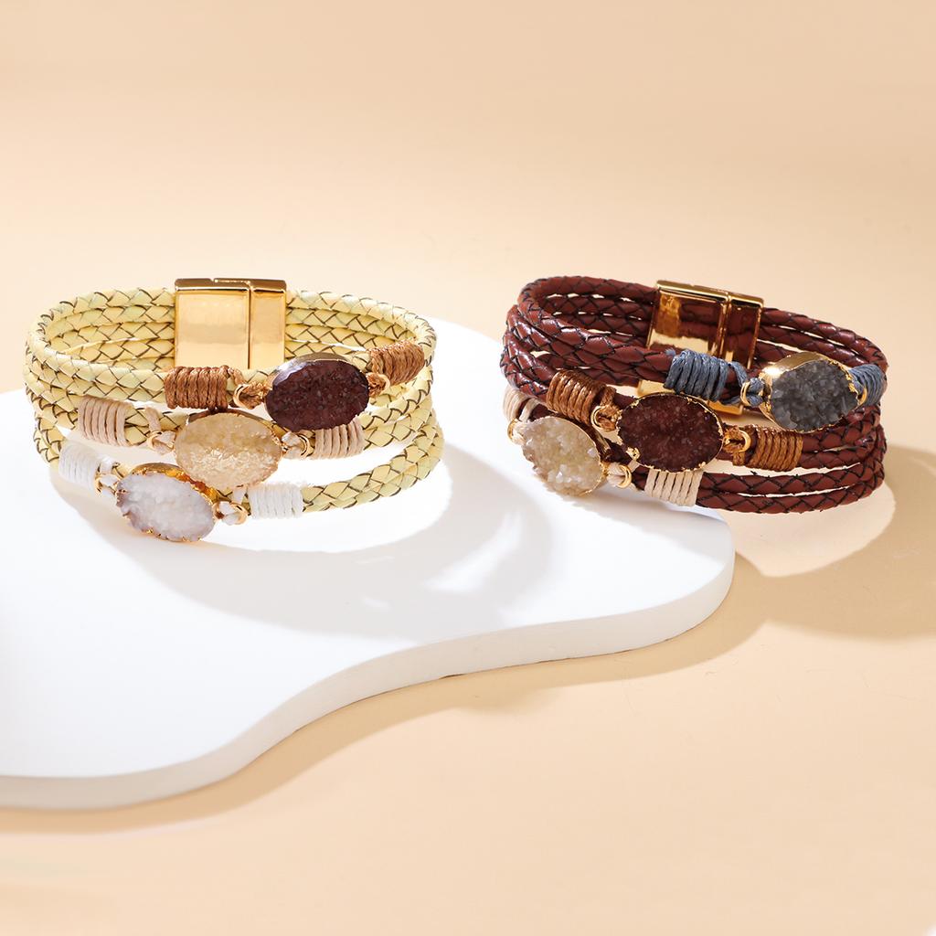 Bohemian Multi-Layer Braided Leather Bracelet with Natural Stone & Magnetic Clasp for Women Fashion Jewelry Gift