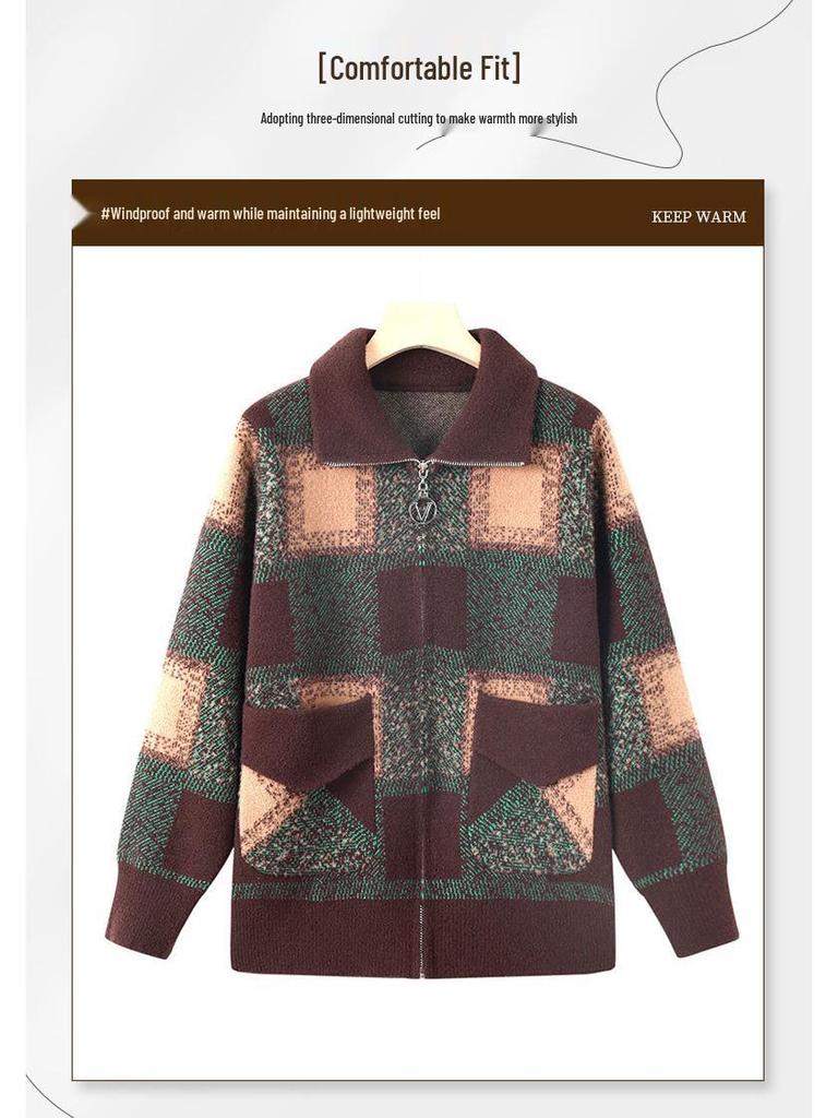 Karriertes Koreanisches Samt-Revers-Reißverschluss-Strickjacke für mittelalte und ältere Frauen – Herbst/Winter Strickwarenmantel
