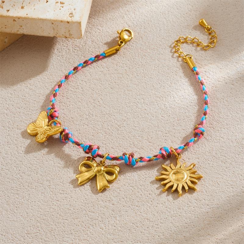 Gold Plated Stainless Steel Butterfly Bow & Sun Charm Braided Cord Bracelet золотой