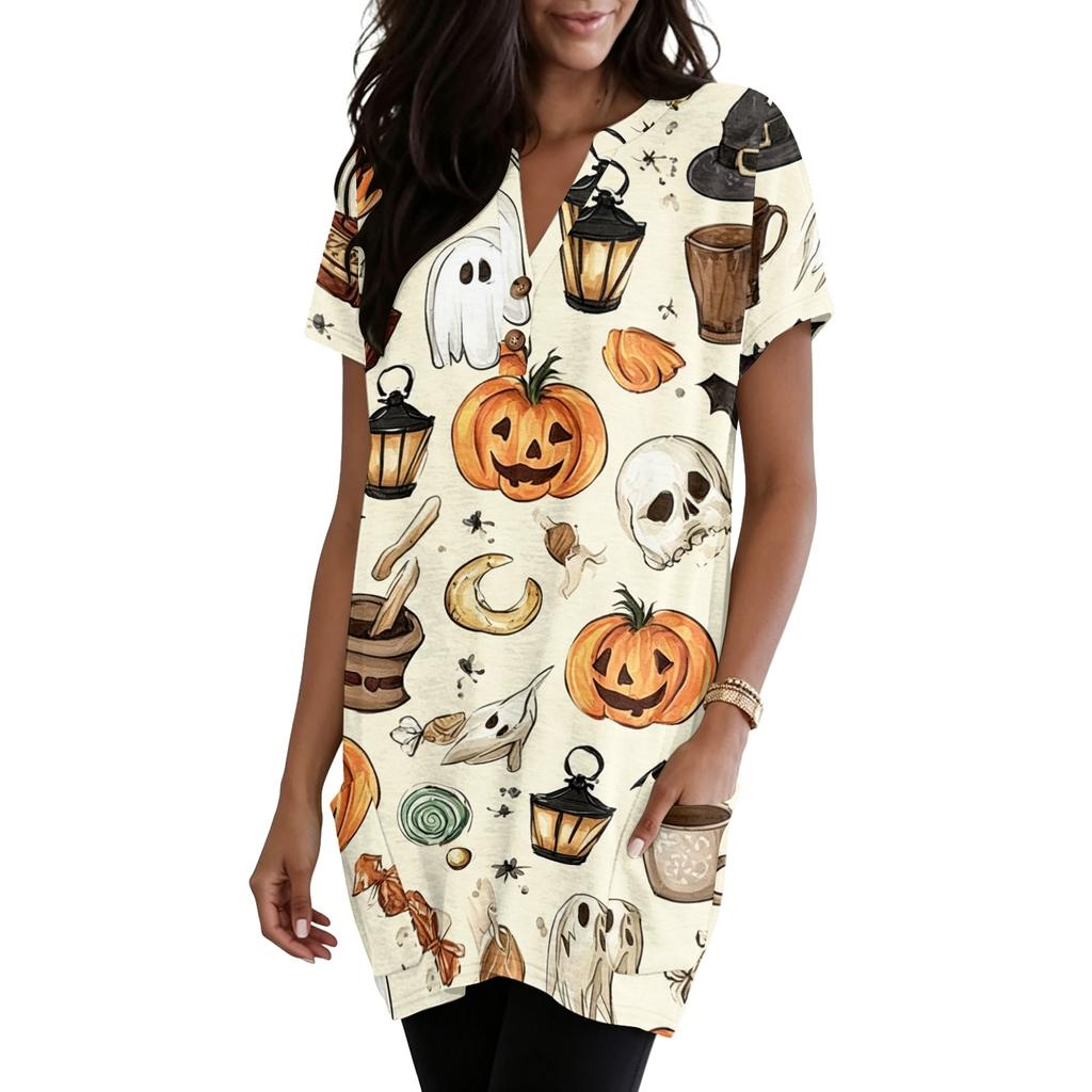 Women's Halloween V-Neck Short Sleeve T-Shirt with Pocket, Pullover Top, Printed Graphic Tee