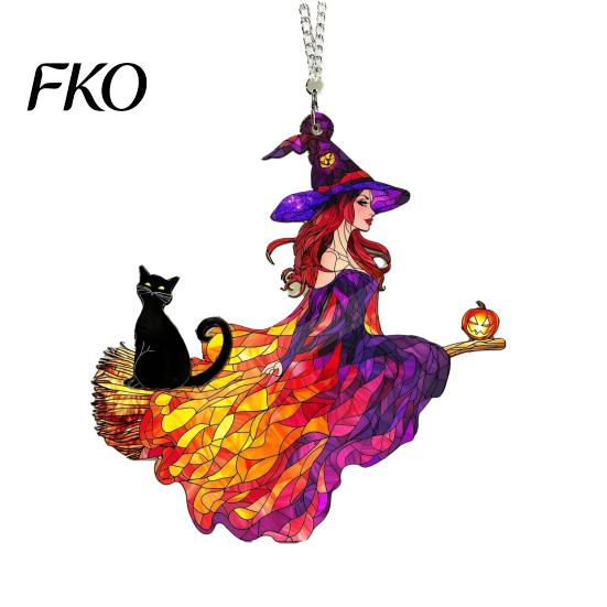 Broom Witch Acrylic Ornament Vintage Halloween Cat Decoration, Window Hanging Ornaments, Colorful Decoration Rustic Farmhouse Tree Decor, Party