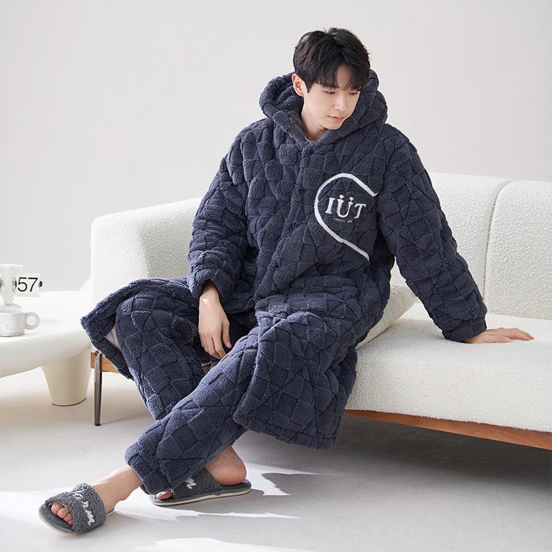 2024 Men's Quilted Winter Hooded Pajama Bathrobe - Warm, Thick Coral Fleece Outerwear