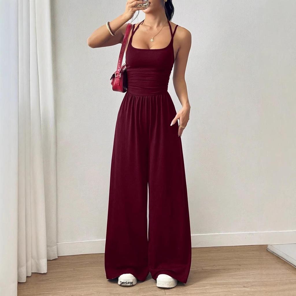 Women's European & American Casual Summer Spaghetti Strap Bandeau Jumpsuit - Solid Color, Wide Leg, Loose Fit