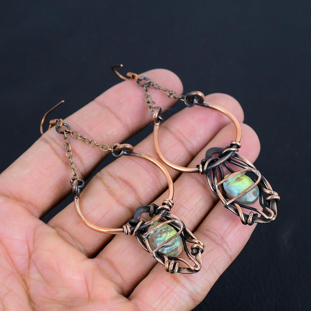 Mystic Topaz 999 Copper Wire Wrapped Earrings, Handmade Gemstone Jewelry Earrings, For Memorial Day