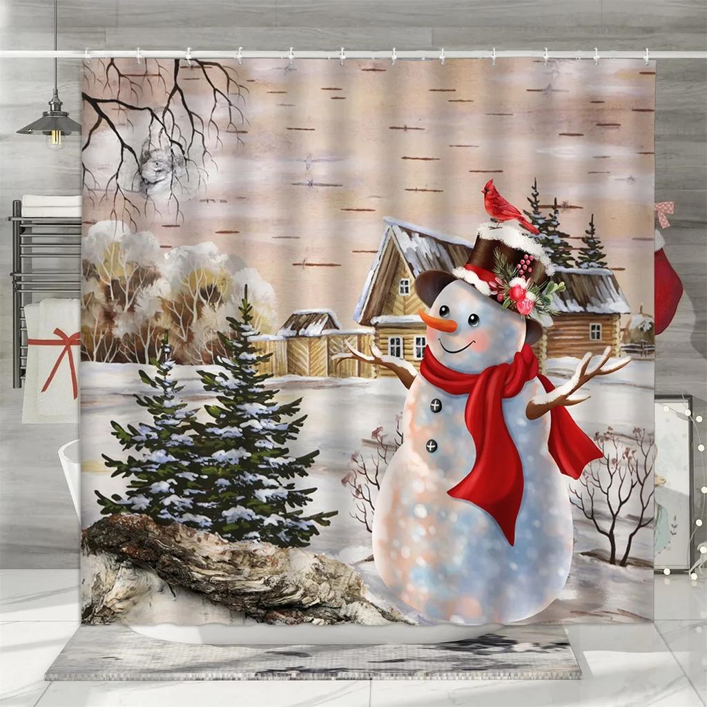 Cortina de Chuveiro de Natal, Boneco de Neve de Inverno Papai Noel Caminhão Rústico Floco de Neve Árvore de Natal Pássaro Vermelho Decoração de Banheiro