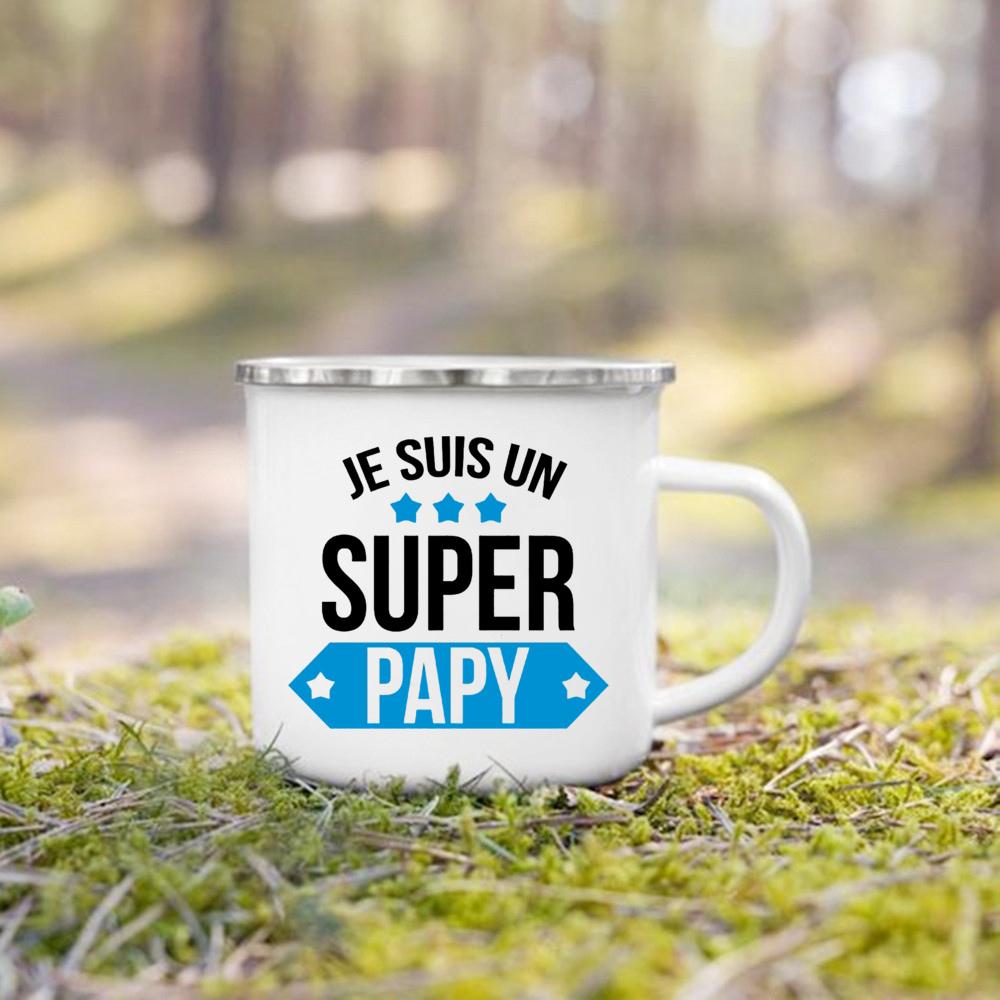 Super Papy Mamie Print Enamel Mug Creative Coffee Cups Drinks Water Milk Cup Enamel Mug Home Drinkware Gifts for Grandma Grandpa