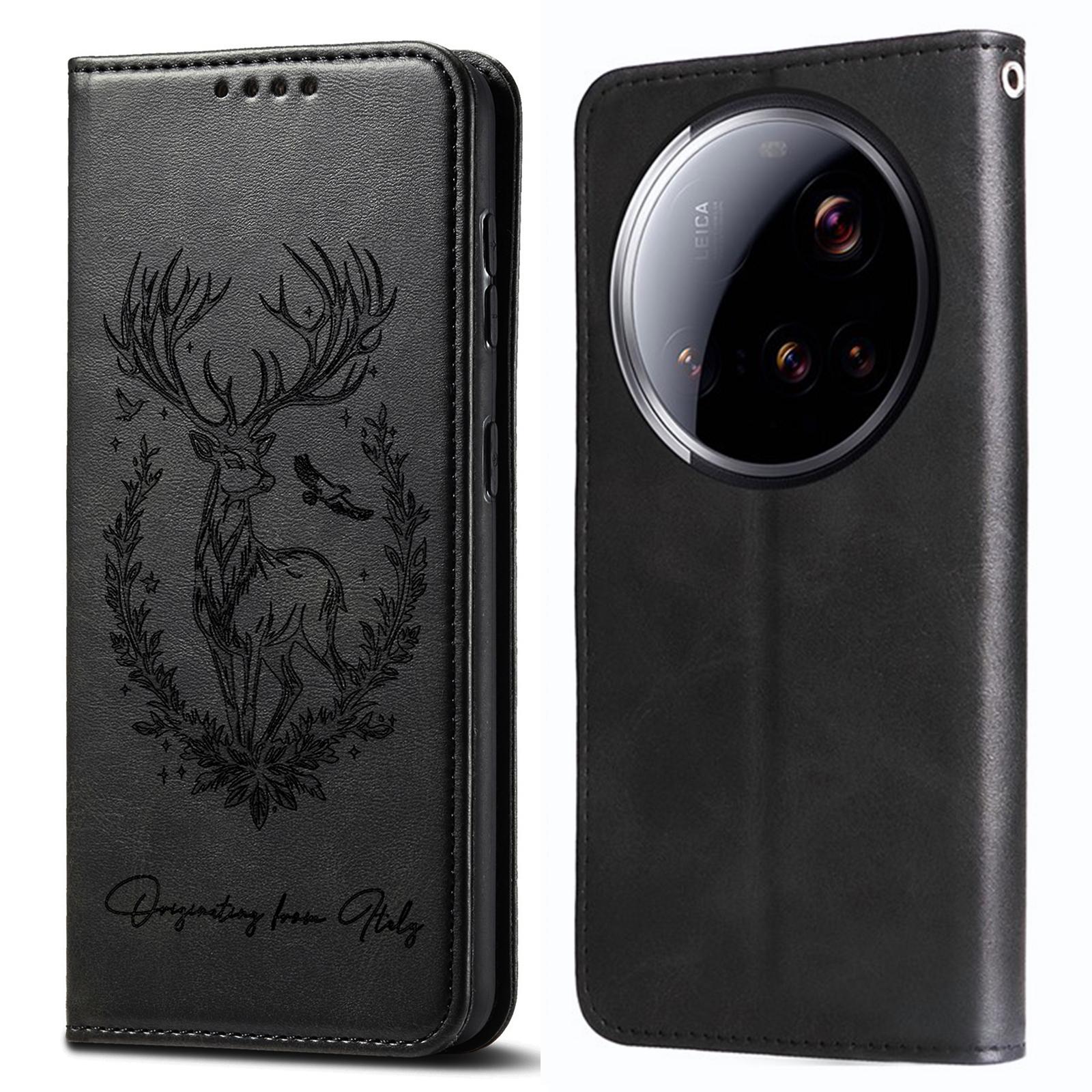 

For Xiaomi 15 Ultra Stand Case Lucky Deer Imprinted Magnetic Closure Leather Wallet Phone Cover Black