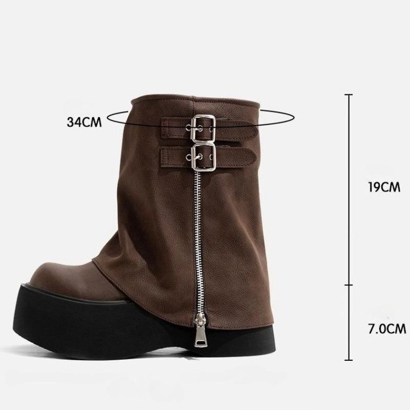 Soft Leather Ankle Mid Calf Boots Winter Autumn High Platform Wedge British Booties Woman New Ladies Chunky Motorcycle Boots