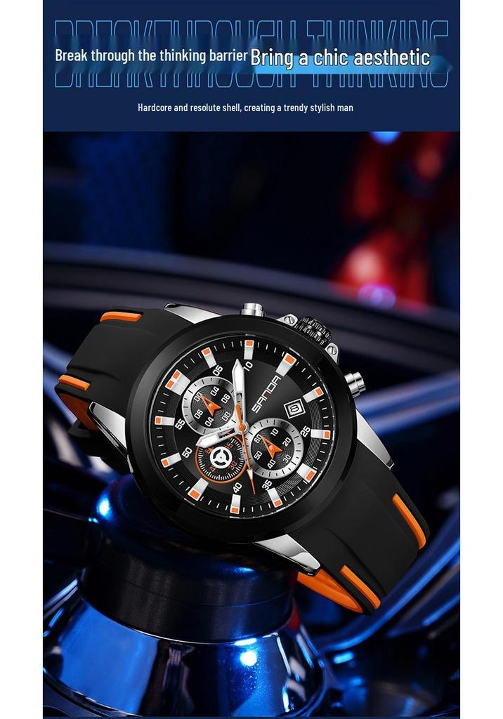 Sanda Men's Six-Needle Quartz Chronograph Calendar Silicone Strap Watch