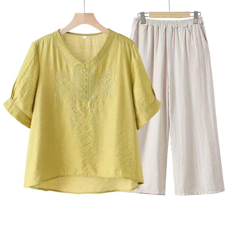 Women's Tencel Linen Embroidered Short-Sleeve Top & Pants Set for Summer - Middle-Aged Mother's Style.