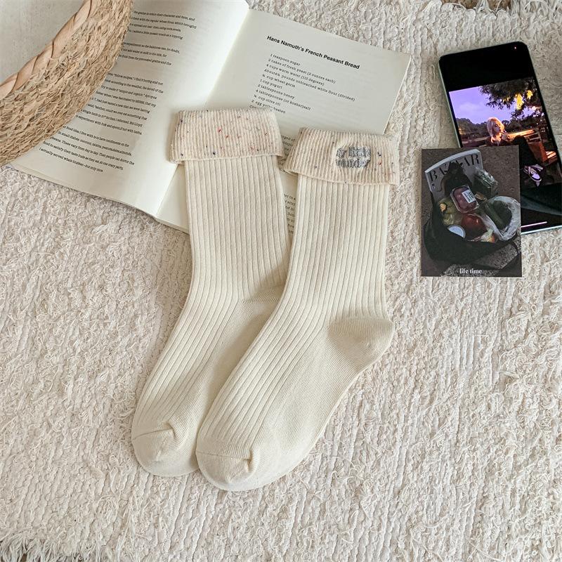 Grey College-style Striped Fabric Label Women's Mid-calf Socks Autumn and Winter Cotton Socks Trendy and Individualistic Long Calf Socks