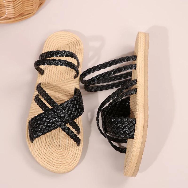 

Fashion Women s Retro Cross Strap Woven Slippers Casual Back-Strap Flat Bottom Ladies Sandals Summer Soft Sole Anti-Slip Slides Mujer 43 чёрный