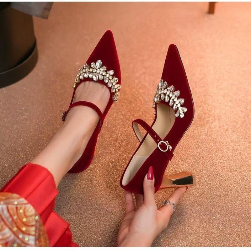 High Heels 2026 New Red Pointed Toe Lace-up Chinese Two-Wear Block Heel Wedding Shoes