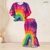 Women Plus Size Two Piece Skirt Set Round Neck Batwing Sleeve Printed Green Black Ruffle Hem Top Fishtail Skirt