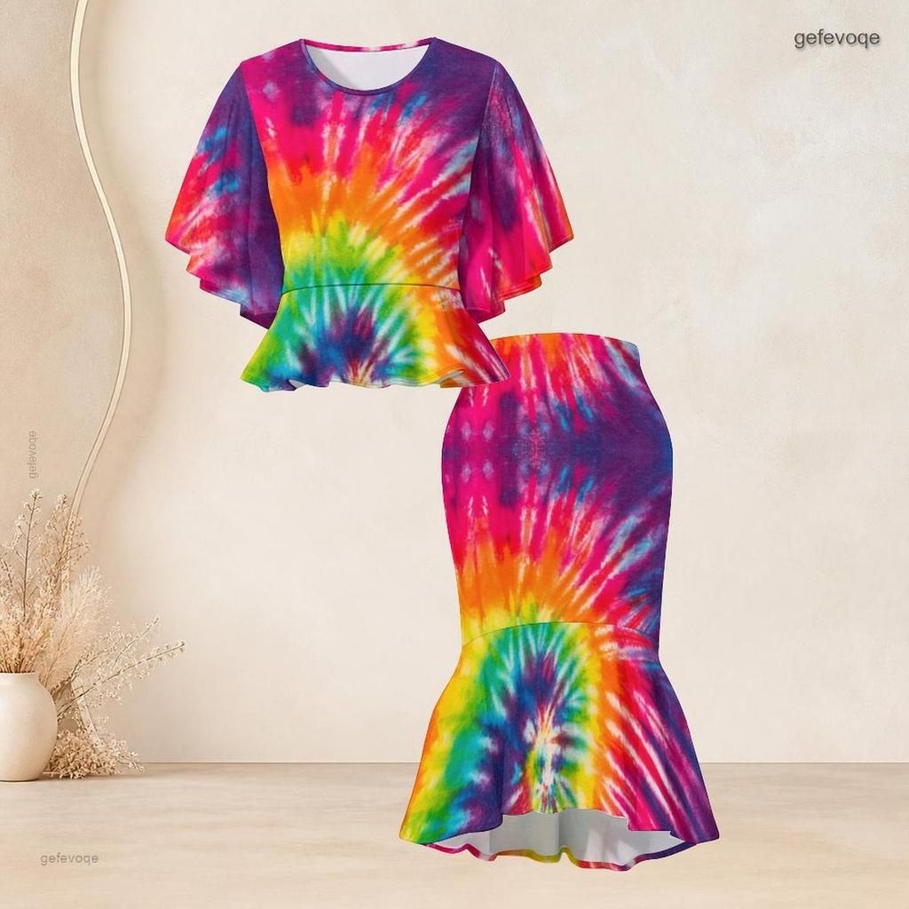 Women Plus Size Two Piece Skirt Set Round Neck Batwing Sleeve Printed Green Black Ruffle Hem Top Fishtail Skirt