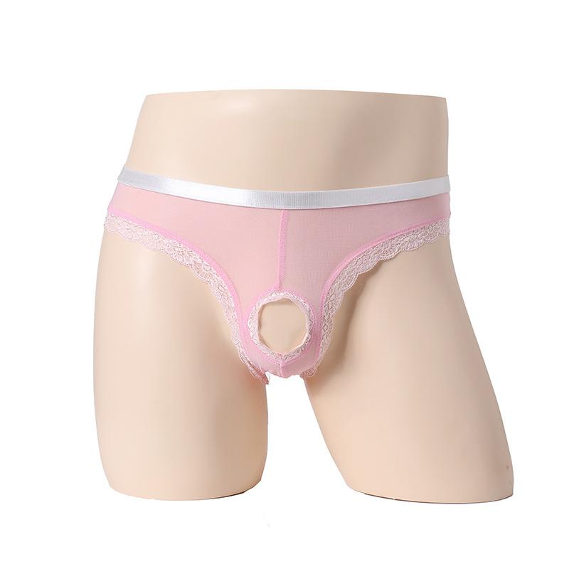 Men Sexy Front Hole Briefs Lace Mesh See Through Crossdresser Underwear Peni Hollow Sissy Low Rise Male Bulge Enhancing Lingerie