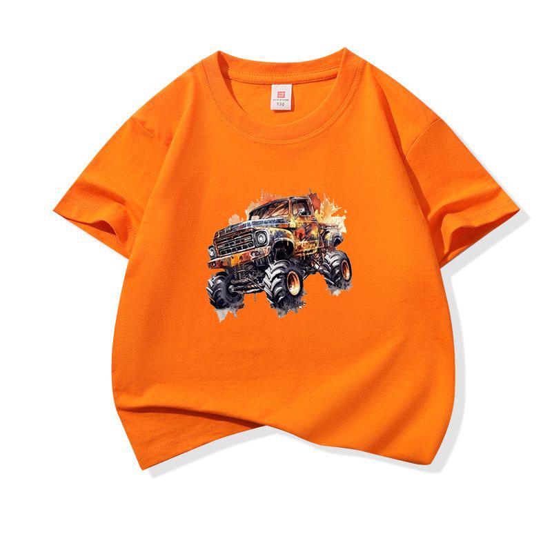 Kids Cotton T Shirt Vintage Watercolor Offroad Truck Print Crew Neck Short Sleeve Tee Casual Breathable Boys Girls Summer Tops