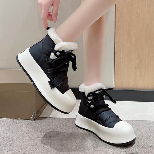 

Модные белые меховые кроссовки на толстой подошве со шнуровкой, увеличивающие рост, для женщин, зимние новые стильные теплые бархатные сапоги для снега 40 чёрный