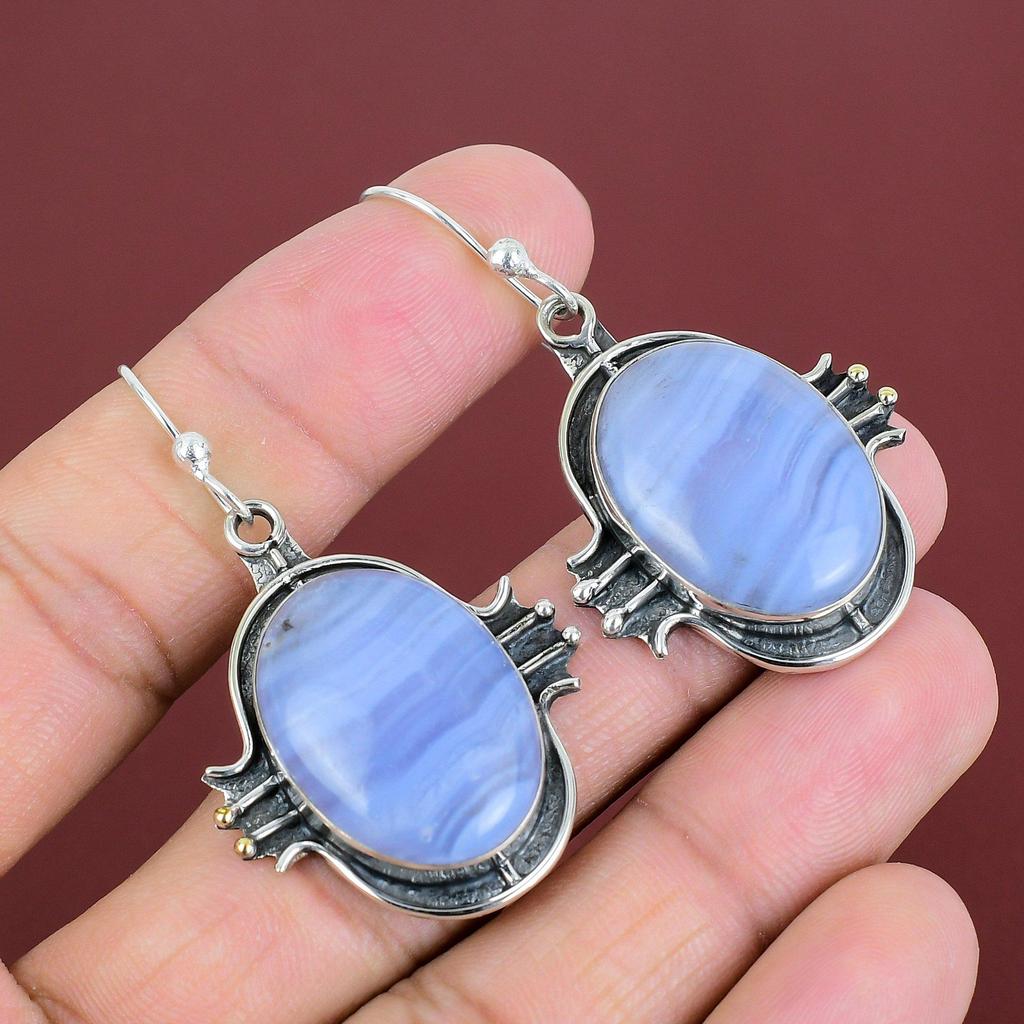 Blue Lace Agate Earrings Original Gemstone Jewelry 925 Sterling Silver Earrings Handmade Dangle Earring Engagement Gifts Brand New Earrings