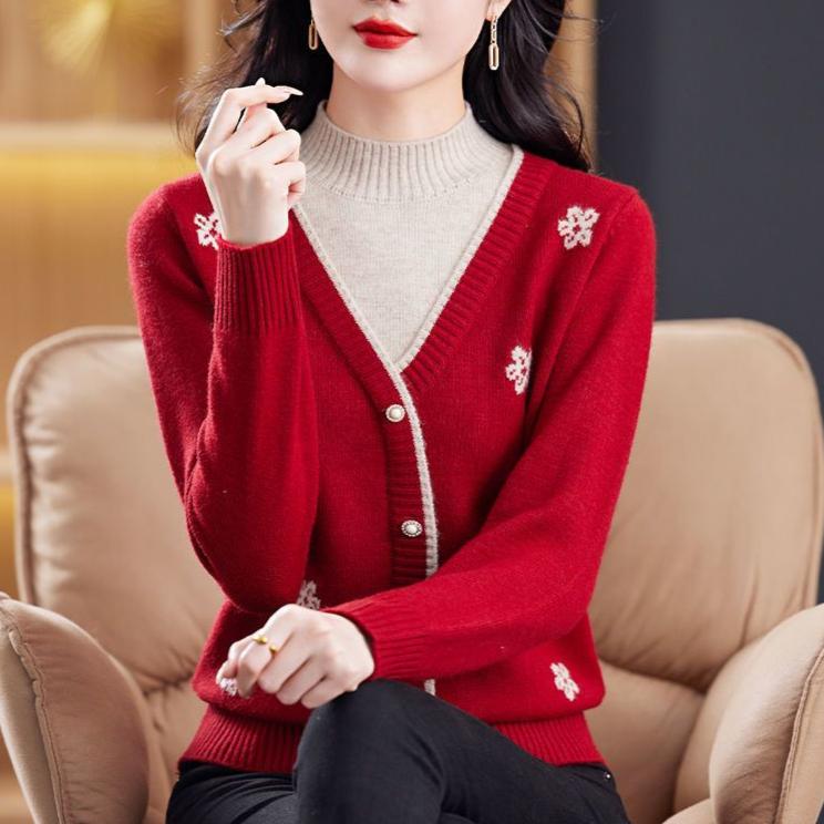 Women's Semi-turtleneck Sweater Autumn Winter Thickened Printed Color-block Knit Sweater Loose Jacquard Pullover Knit Top Outwear